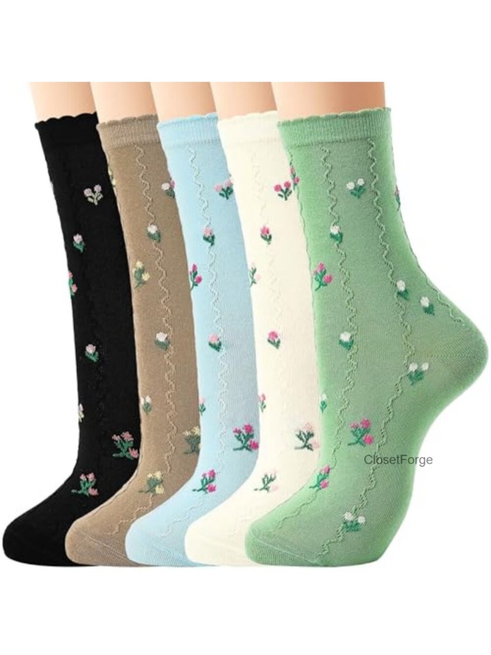 5 Pairs Floral Ruffle Ankle Socks for Women - Cotton Blend, Cottagecore Crew